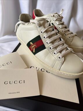 Gucci Cream Leather Sneakers with Red & Green Stripe and Gold Bee